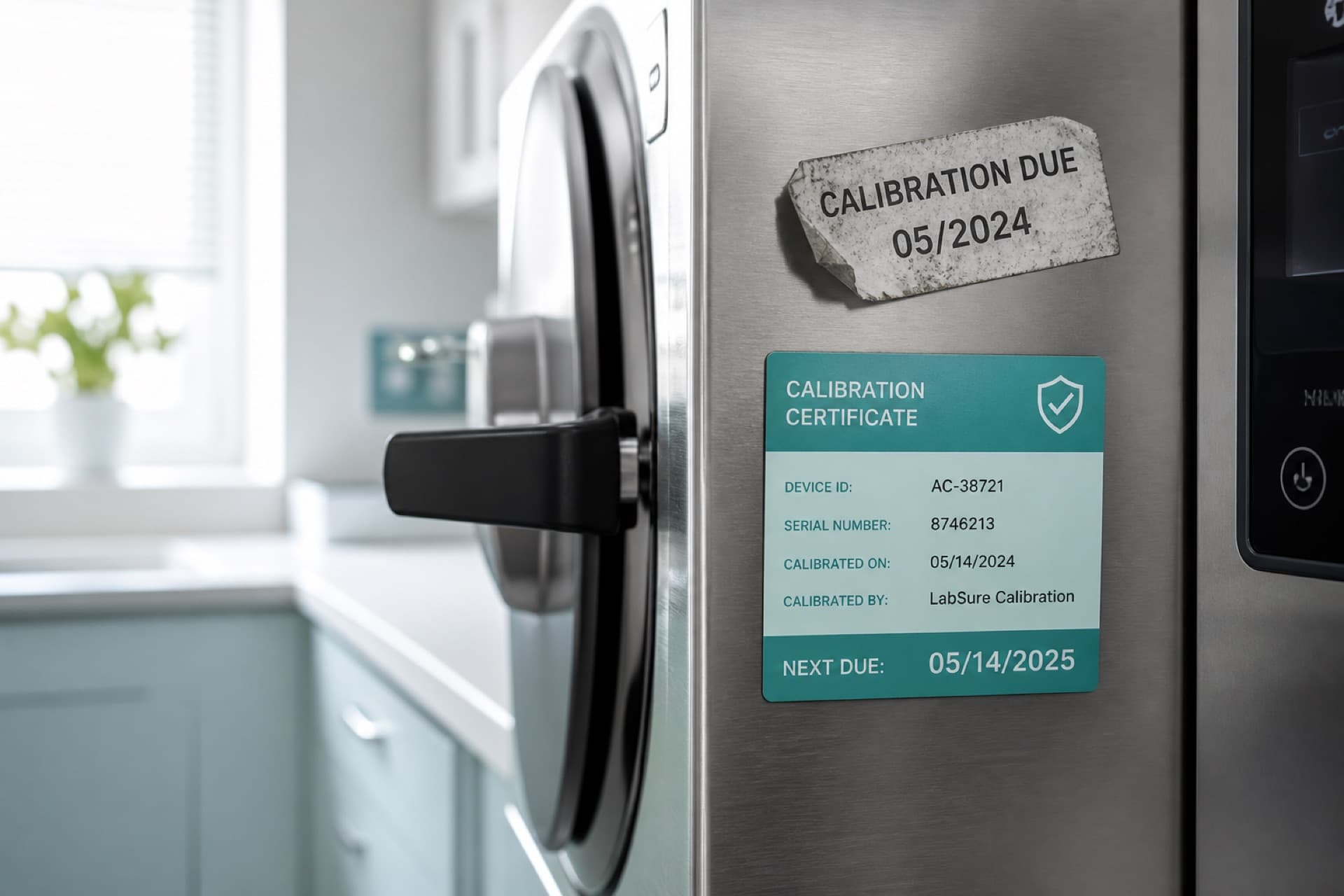 A worn calibration-due sticker on a stainless autoclave beside a sharp sea-glass certificate with a next-due date.