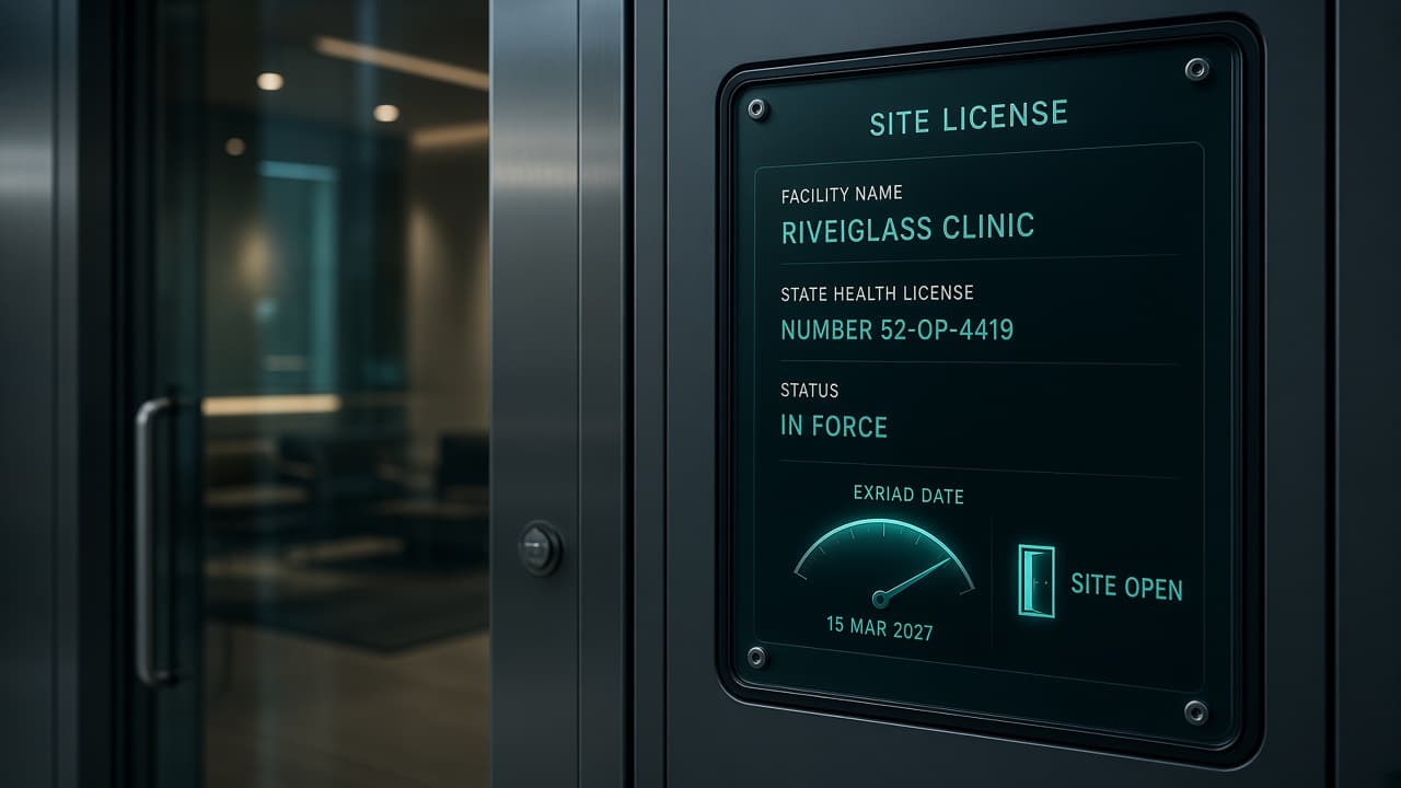 A clinic glass entrance at dusk beside a sea-glass instrument panel showing a state site license, number, and in-force gauge.