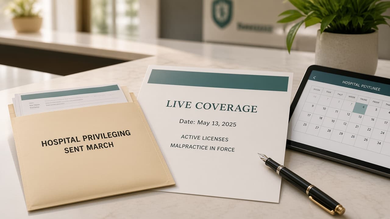 A worn March privileging packet beside a live coverage sheet and a tablet showing the same facility calendar rows.